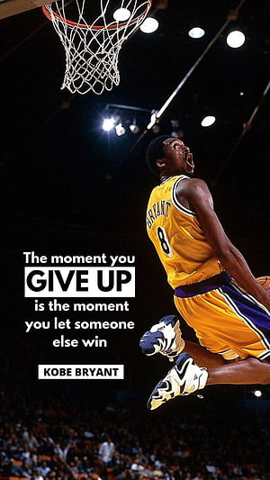 Kobe Bryant in mid-air dunk wearing Lakers jersey with motivational quote overlay HD phone wallpaper