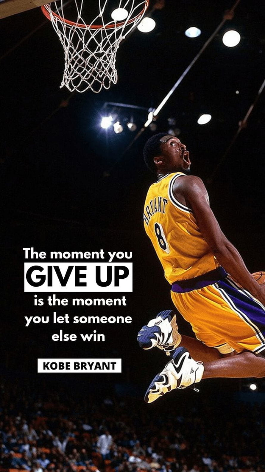 Kobe Bryant in mid-air dunk wearing Lakers jersey with motivational quote overlay HD phone wallpaper