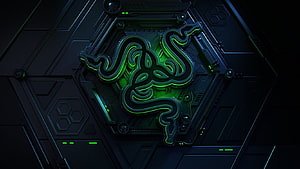 Razer Triple Snake Logo on Dark Hexagonal Tech Panel with Green Neon Glow HD wallpaper