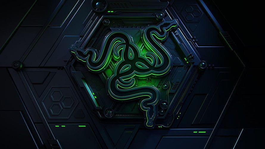 Razer Triple Snake Logo on Dark Hexagonal Tech Panel with Green Neon Glow HD wallpaper