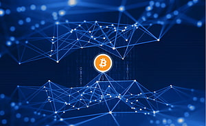 Bitcoin Symbol Centered in Digital Network with Binary Code and Blue Geometric Connections HD wallpaper