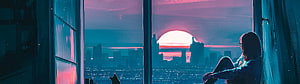 Anime Girl and Cat Watching a Neon City Sunset Through a Window HD wallpaper