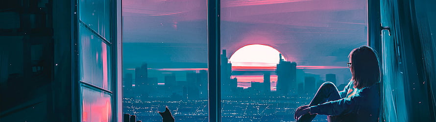 Anime Girl and Cat Watching a Neon City Sunset Through a Window HD wallpaper