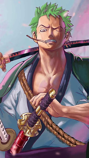 Roronoa Zoro from One Piece Wielding Three Swords in a Dynamic Anime Illustration HD phone wallpaper