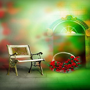Romantic Garden Scene with Vintage Bench and Basket of Red Roses HD phone wallpaper
