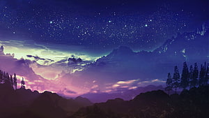 Starry Night Over Mountainous Landscape with Purple Aurora and Pine Trees HD wallpaper
