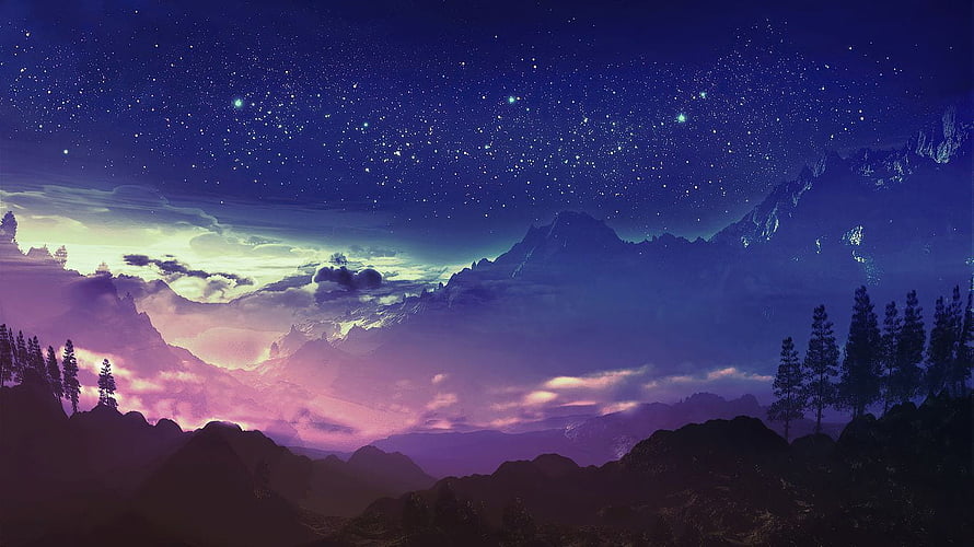 Starry Night Over Mountainous Landscape with Purple Aurora and Pine Trees HD wallpaper