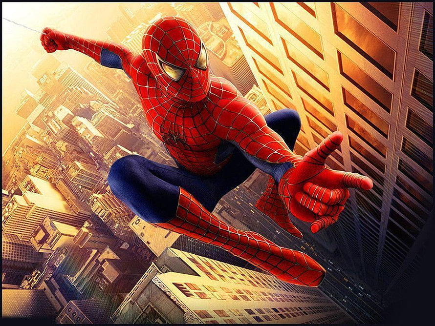 Spider-Man Swinging Through a Golden Cityscape in Classic Red and Blue Suit HD wallpaper