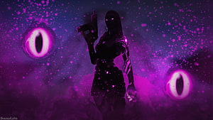 Reyna Valorant Silhouette with Glowing Purple Eyes and Floating Orbs in Dark Fantasy Setting HD wallpaper