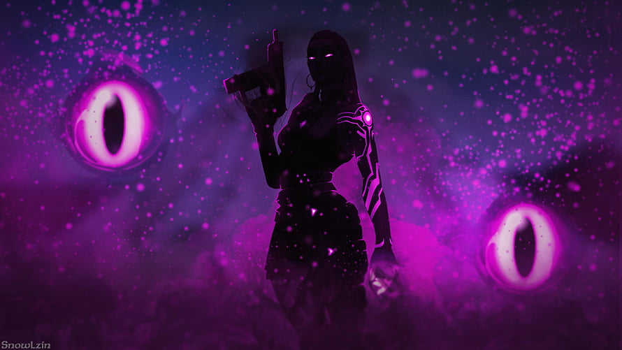 Reyna Valorant Silhouette with Glowing Purple Eyes and Floating Orbs HD wallpaper