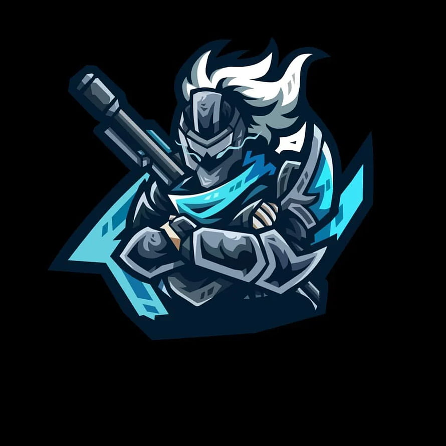 Fire Gaming Esports Logo Featuring Armored Knight with Rifle and Cyan Accents HD phone wallpaper