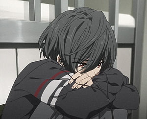 Melancholic Anime Character with Dark Hair and Red Eyes in a Hoodie HD wallpaper