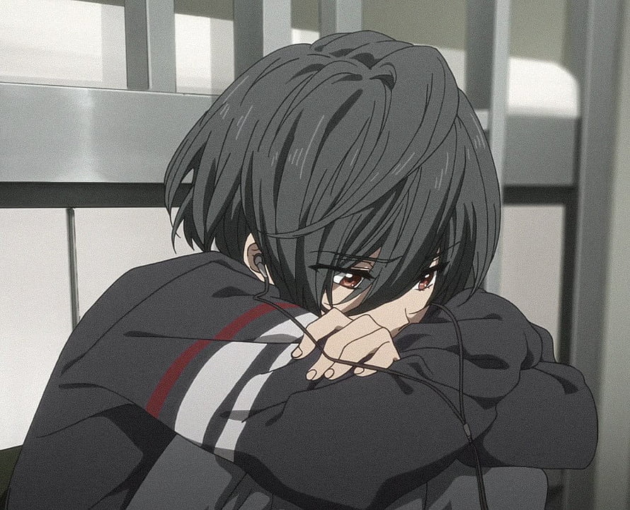 Melancholic Anime Character with Dark Hair and Red Eyes in a Hoodie HD wallpaper