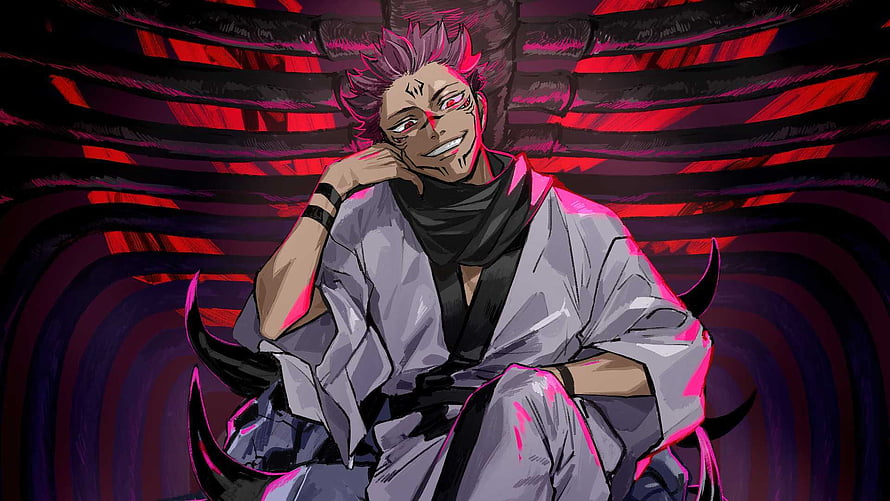 Jujutsu Kaisen Anime Character in White Robe with Red and Black Swirling Background HD wallpaper