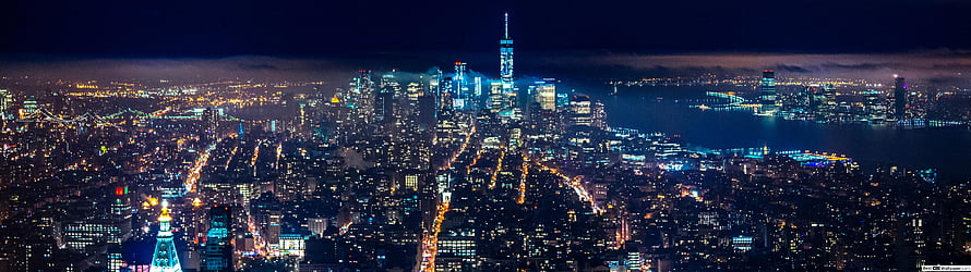 Aerial Night View of New York City Skyline with One World Trade Center and Manhattan Lights HD wallpaper