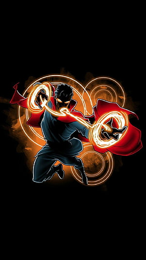 Doctor Strange Casting Eldritch Magic with Glowing Orange Energy Rings on Black Background HD phone wallpaper