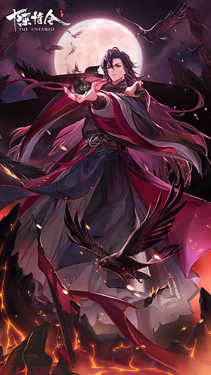 Wei Wuxian from The Untamed holding a dark orb with crows and a full moon HD phone wallpaper