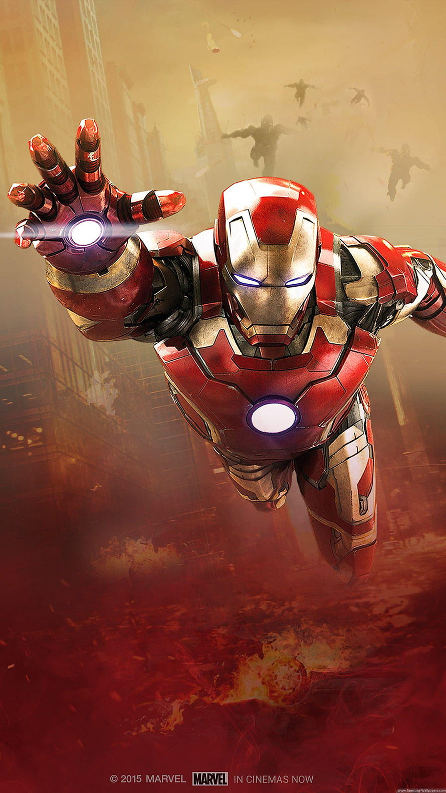 Iron Man Flying Over a Burning City with Repulsor Blast in Marvel Cinematic Universe HD phone wallpaper