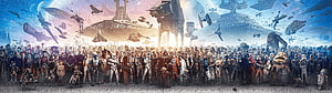 Star Wars Saga Character Lineup with Star Destroyers and Space Battles HD wallpaper