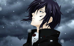 Anime Male Character With Dark Hair And Blue Eyes In Snowy Storm HD wallpaper