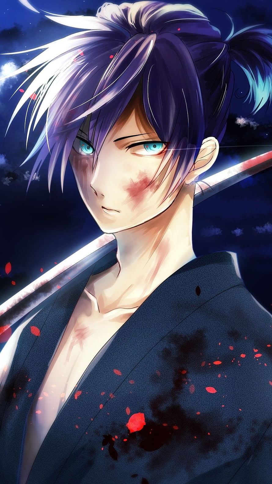 Anime Samurai Warrior With Katana And Blood Splatters Under Night Sky HD phone wallpaper