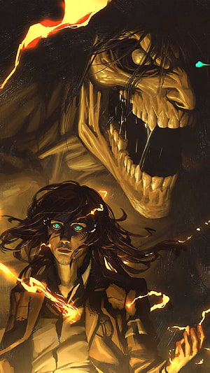 Eren Yeager and the Founding Titan in Dramatic Dark Fantasy Illustration HD phone wallpaper