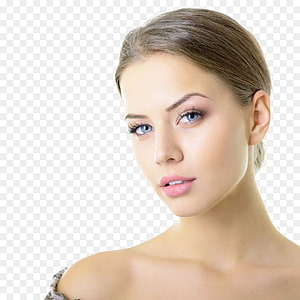 Close-up portrait of a woman with natural makeup and blue eyes on a transparent background HD phone wallpaper