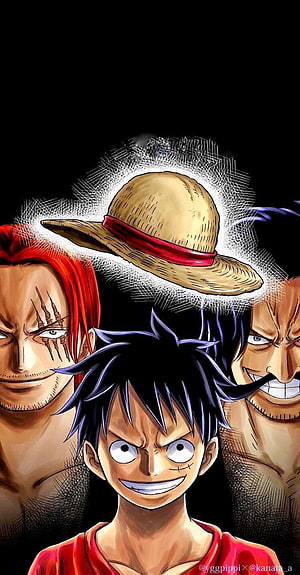 One Piece Luffy with Shanks and Ace Under Glowing Straw Hat HD phone wallpaper