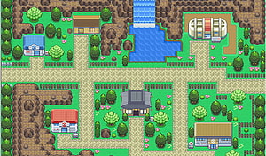 Pokémon GBA Town Map with Pokémon Center, Gym, and Lake in Pixel Art Style HD wallpaper