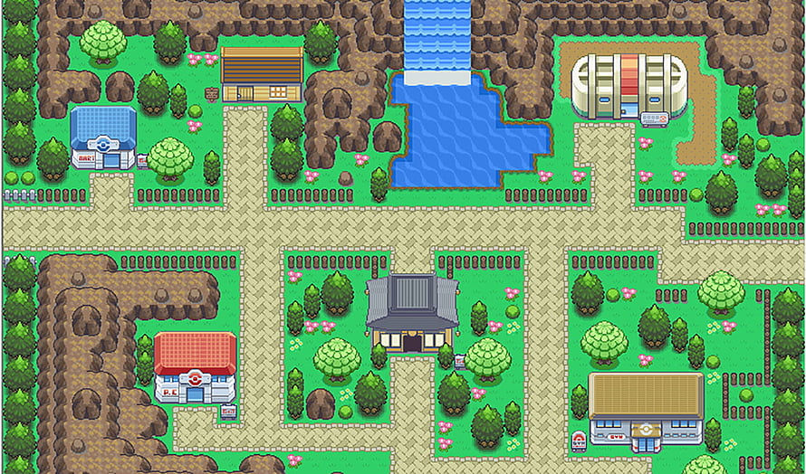 Pokémon GBA Town Map with Pokémon Center, Gym, and Lake in Pixel Art Style HD wallpaper