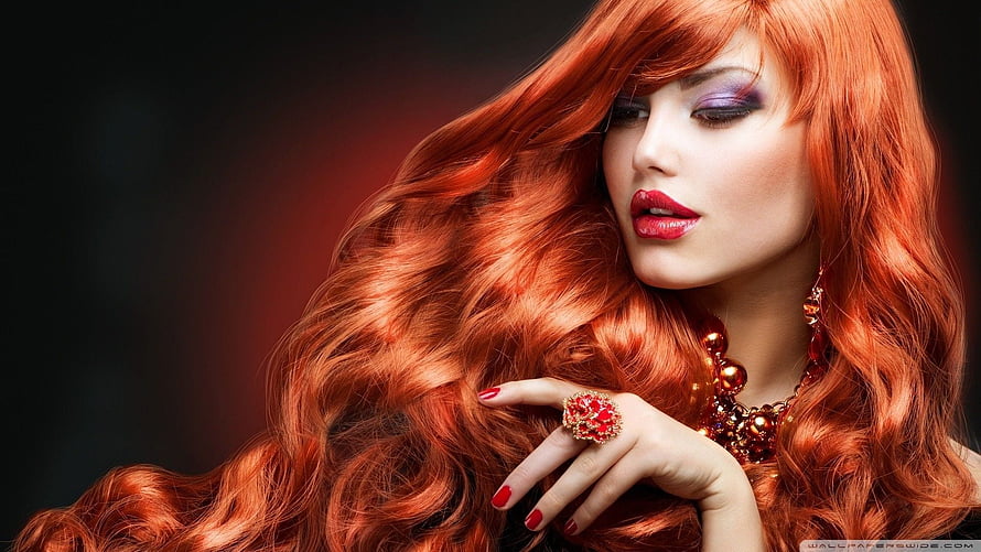 Glamorous Portrait of a Woman with Long Wavy Red Hair and Bold Red Lipstick HD wallpaper