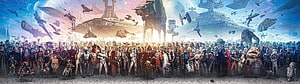 Star Wars All Characters Group Poster with Star Destroyers and Droids HD wallpaper