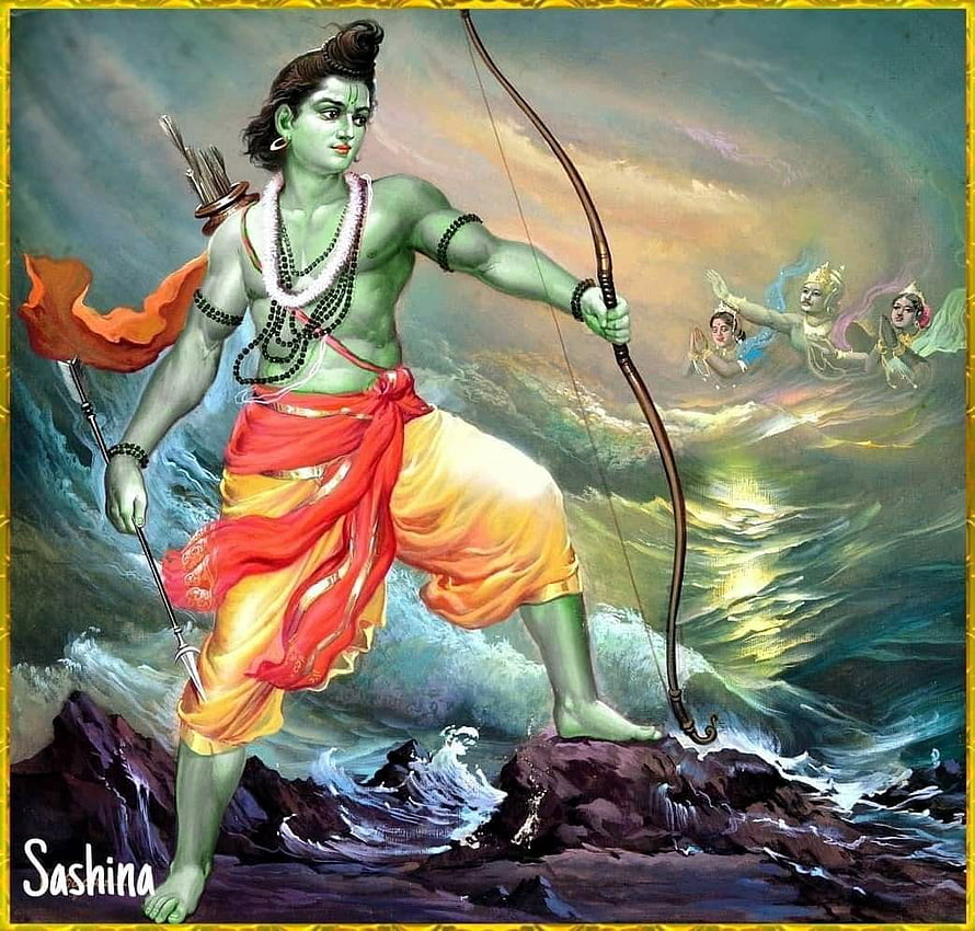 Lord Rama Archery Pose on Rocky Shore with Celestial Figures in Background HD wallpaper