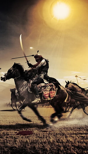 Khalid ibn al Walid on Horseback with Scimitar in Golden Desert Light HD phone wallpaper