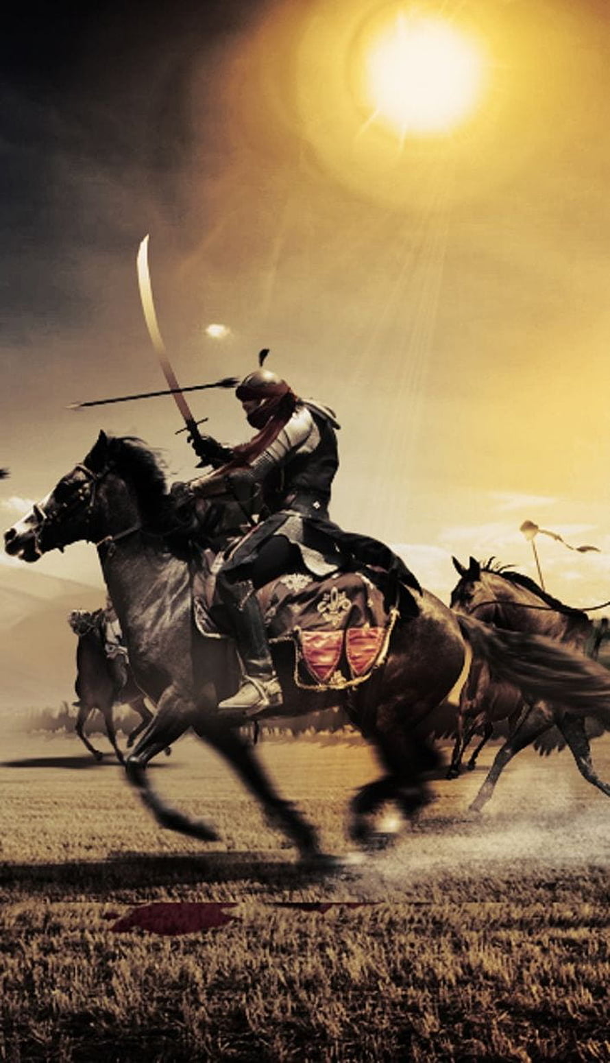 Khalid ibn al Walid on Horseback with Scimitar in Golden Desert Light HD phone wallpaper