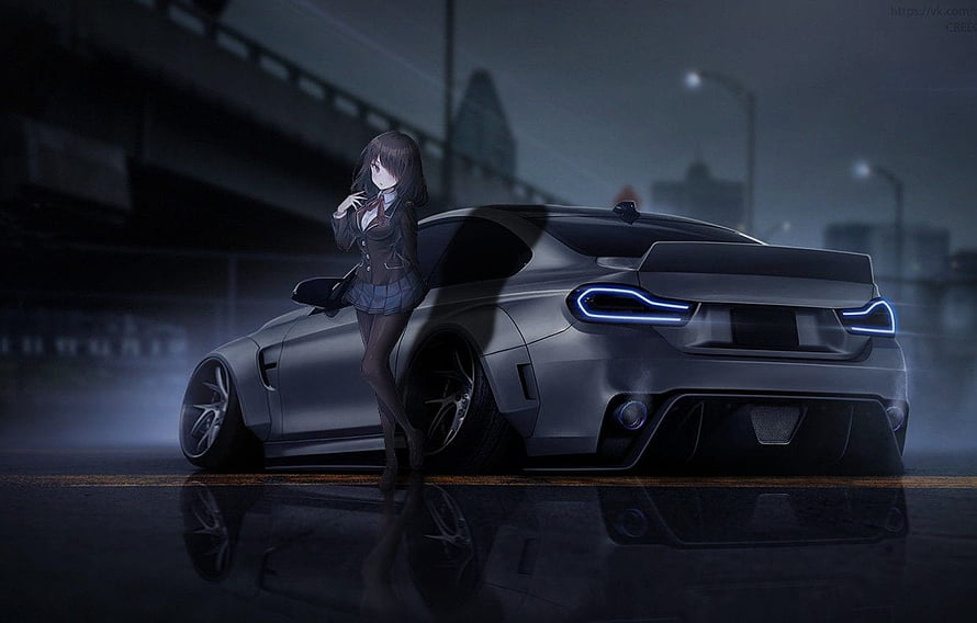 Anime schoolgirl leaning against a silver BMW M4 with glowing taillights on a wet city street at night HD wallpaper