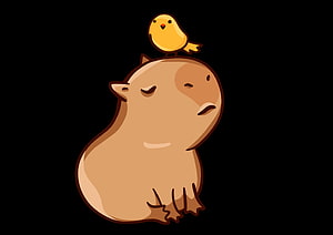 Cute Cartoon Capybara with Small Yellow Bird Perched on Head HD wallpaper