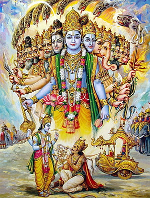 Krishna Reveals His Vishwaroop to Arjuna in Majestic Divine Painting HD phone wallpaper
