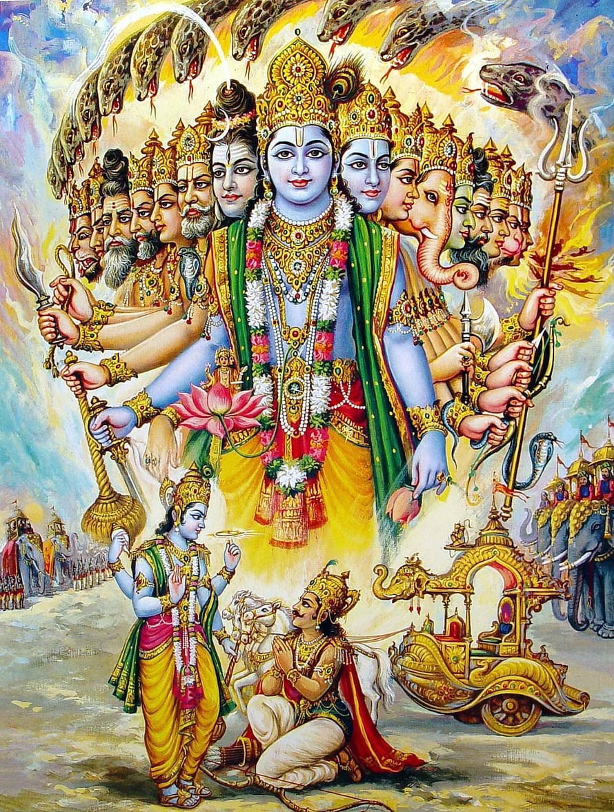 Krishna Reveals His Vishwaroop to Arjuna in Majestic Divine Painting HD phone wallpaper