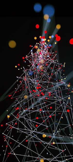 Abstract Geometric Christmas Tree with Glowing Red and Gold Dots on Dark Background HD phone wallpaper