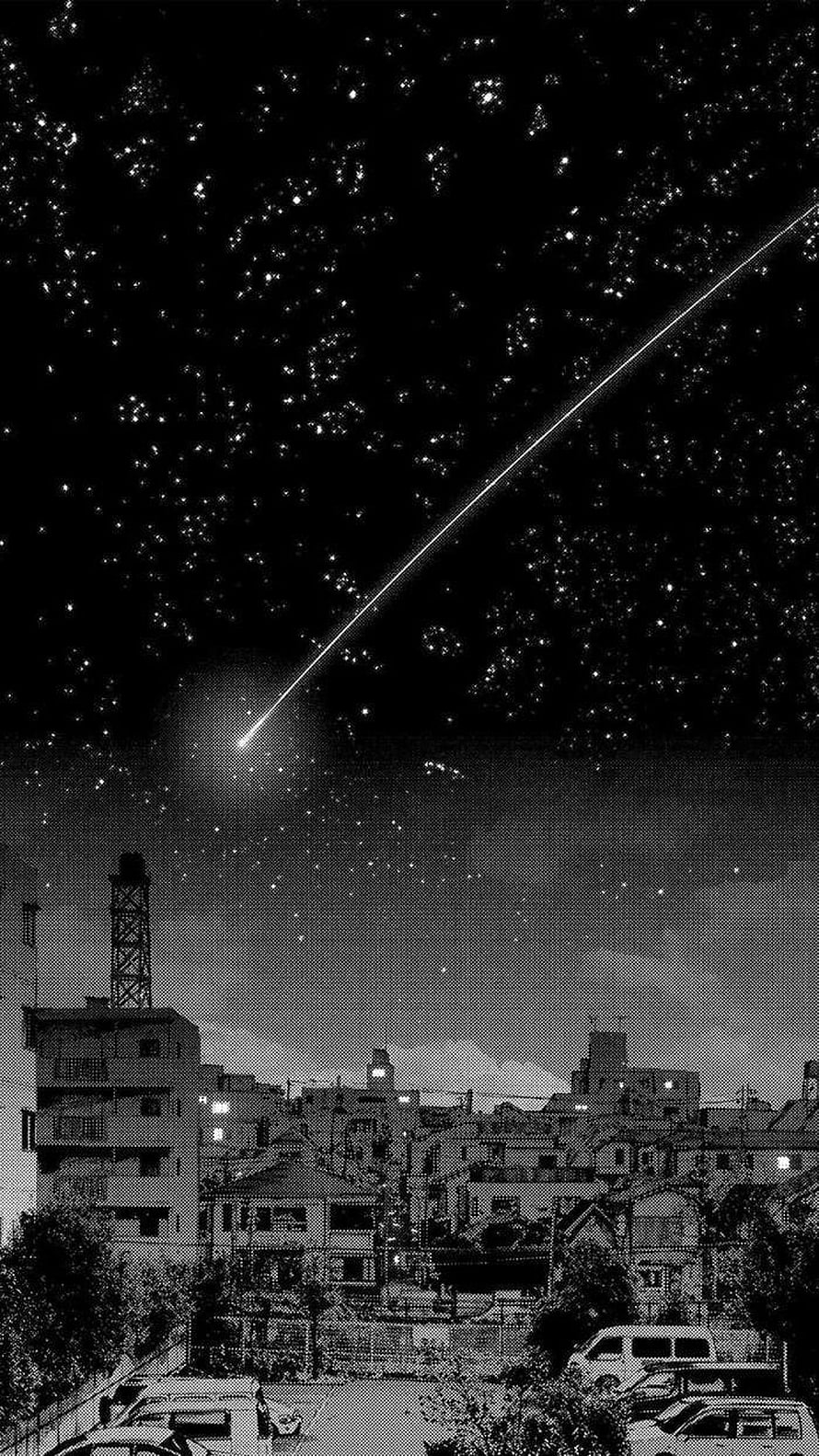 Punpun manga panel featuring a shooting star over a quiet Japanese town at night HD phone wallpaper