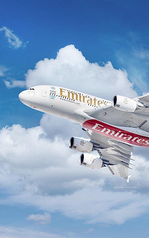 Emirates A380 Airplane Flying Through Blue Sky With White Clouds HD phone wallpaper