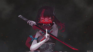 Anime Samurai Girl Wearing Oni Mask Holding Katana in Dark Atmosphere HD wallpaper