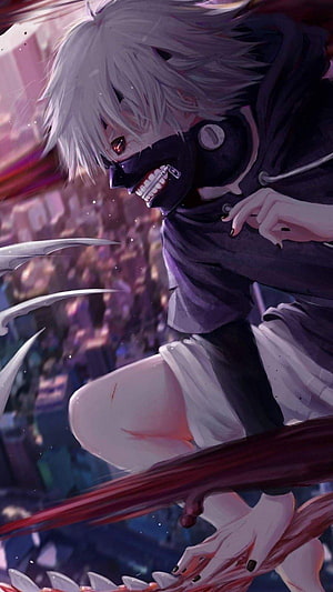 Parasyte Anime Character with White Hair and Dark Mask in Dramatic Pose HD phone wallpaper