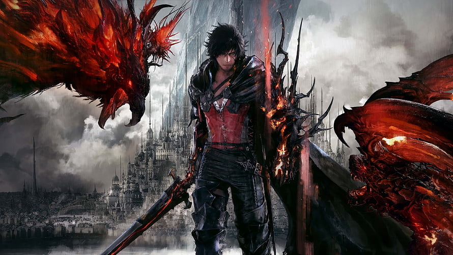 Final Fantasy XVI Key Art Featuring Clive Rosfield and Eikons in a Dark Fantasy Landscape HD wallpaper