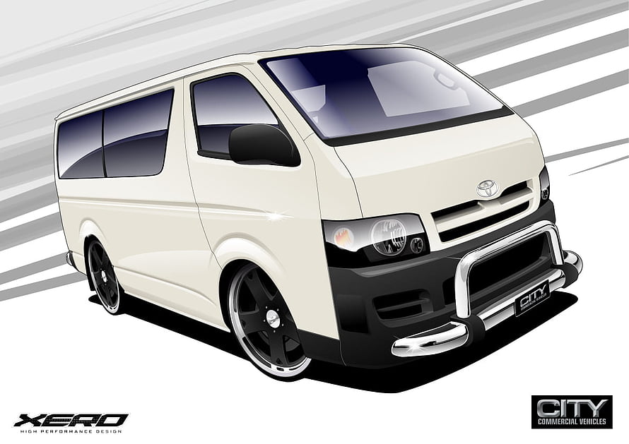 Customized Toyota Hiace Van with Black Alloy Wheels and Chrome Bull Bar HD wallpaper