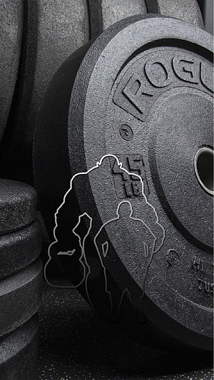 Rogue 45 lb Bumper Plate Close-Up with Gym Aesthetic Overlay HD phone wallpaper