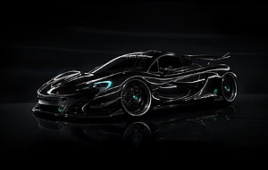 Black McLaren P1 Super Car with HRE Wheels and Cyan Accents on Dark Studio Background HD wallpaper