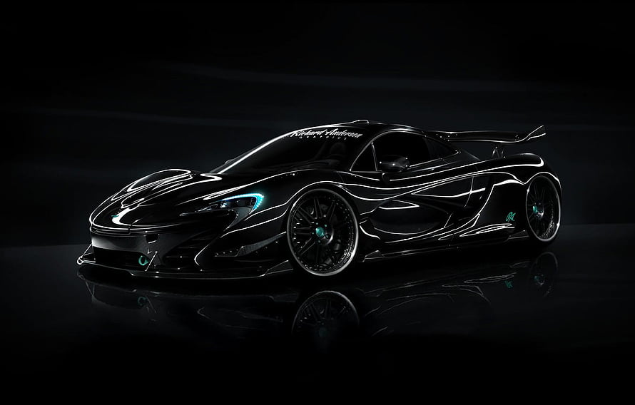Black McLaren P1 Super Car with HRE Wheels and Cyan Accents on Dark Studio Background HD wallpaper