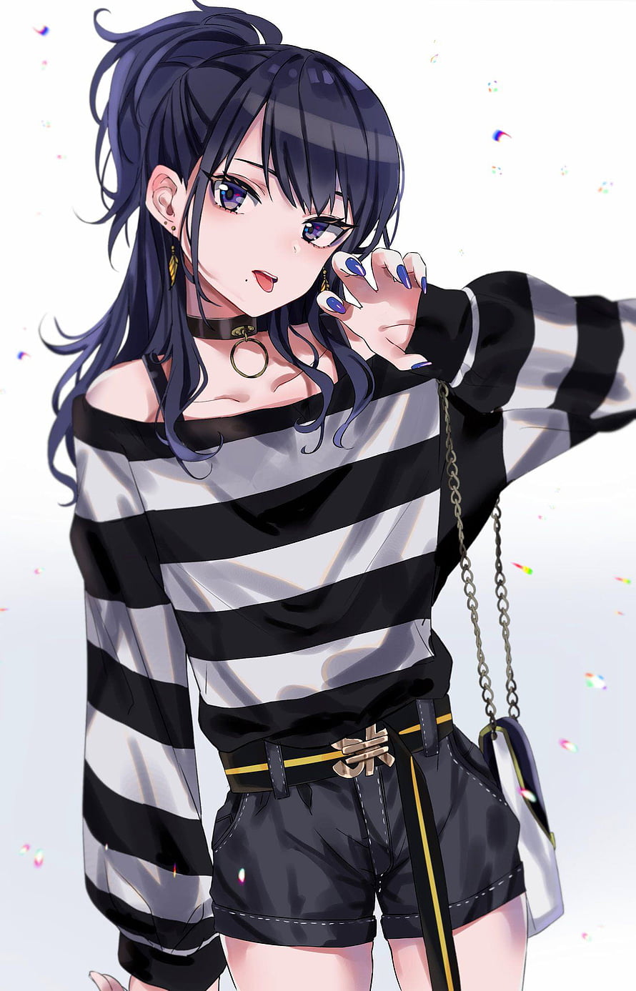 Anime Girl in Black and White Striped Off-Shoulder Top with Dark Ponytail and Choker HD phone wallpaper